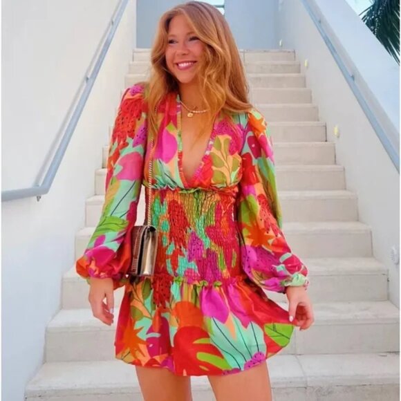 NEW FARM RIO SWEET FOREST LONG SLEEVE MINI DRESS LARGE 🌸🌹🌺 - Picture 3 of 6